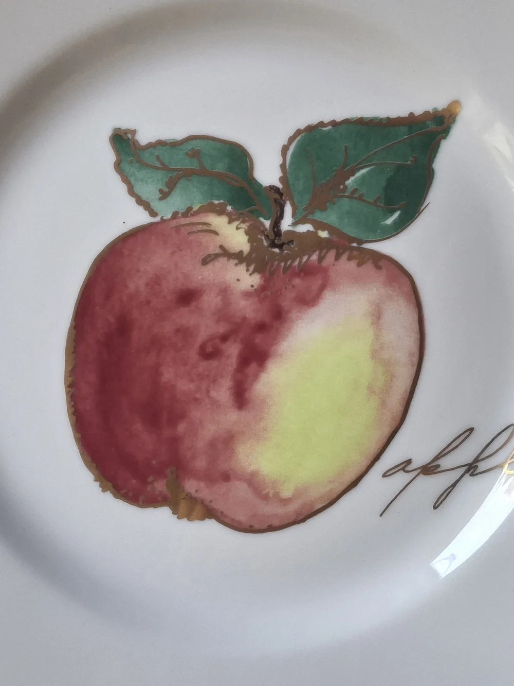 Crate&Barrel Fruit Motif Plates with Green and Gold Trim